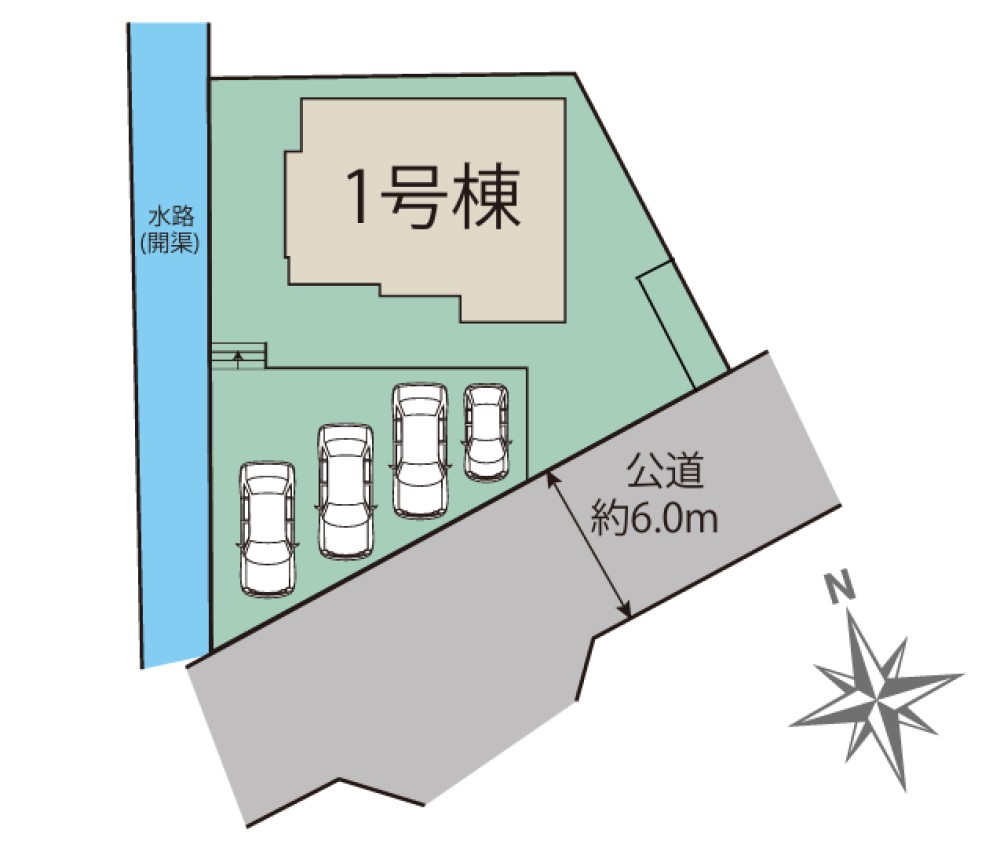 駐車4台分・南側公道約6mの区画図◎