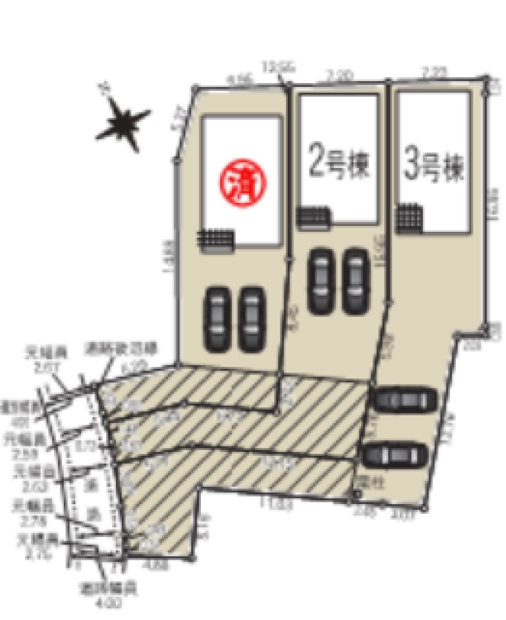 全3棟の区画配置図。各棟に駐車スペースあり◎