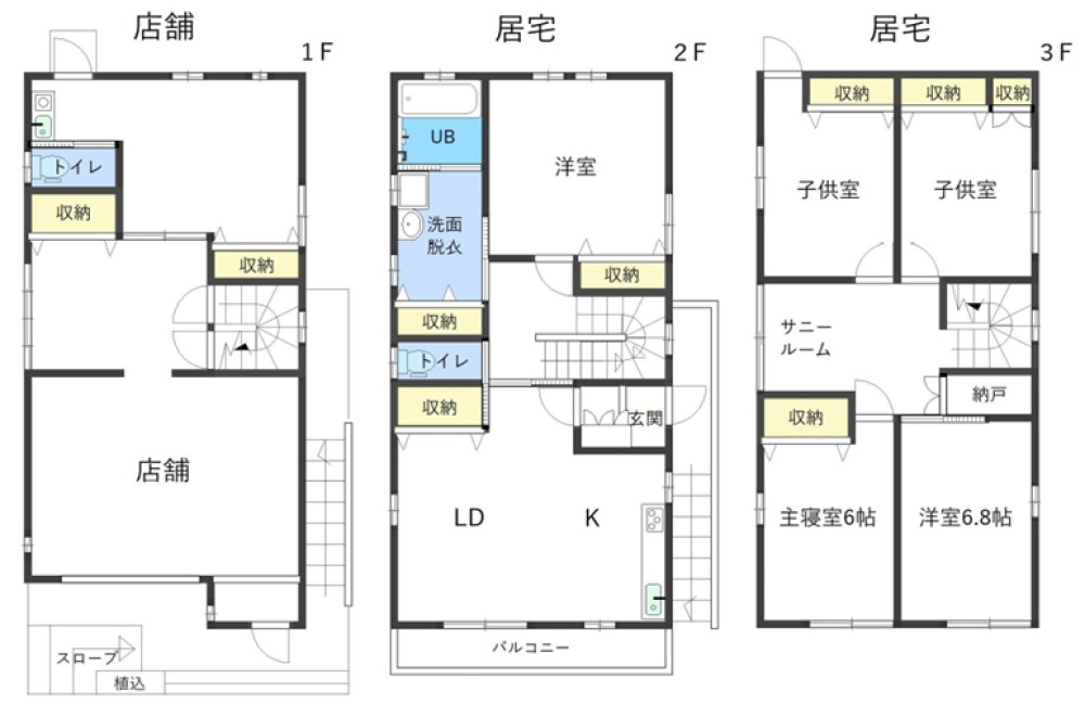1F店舗・2F以上居宅の3階建て間取り！