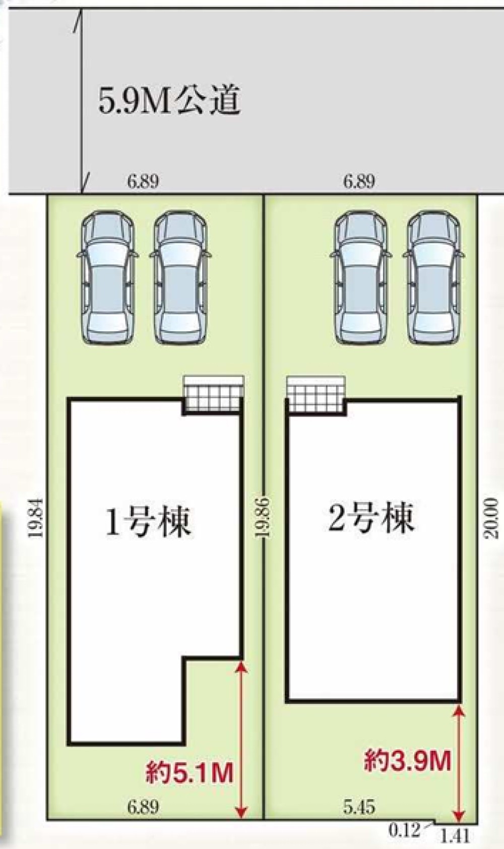 2台駐車可！間口約6.89mの全2棟区画図。
